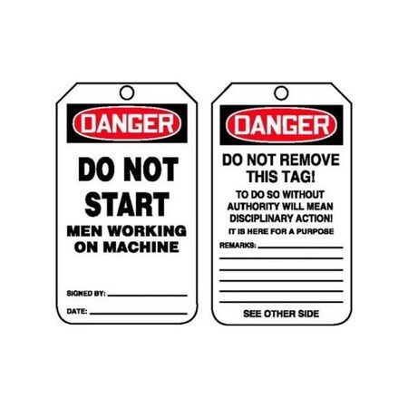 Accuform Safety Tags, DANGER DO NOT START MEN WORKING, 5.75in x 3.25in, RP-Plastic, 25PK MDT115PTP